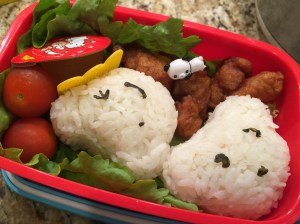 Bear rice balls (onigiri) filled with grilled salmon (left-over from dinner last night), Japanese fried chicken (Karaage), cherry tomatoes, and Hello Kitty Jello for desert